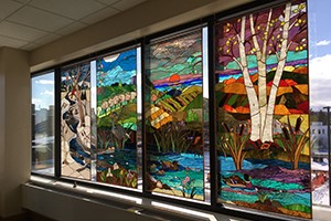 Meditation room with stainglass windows at the Cowell Family Cancer Center
