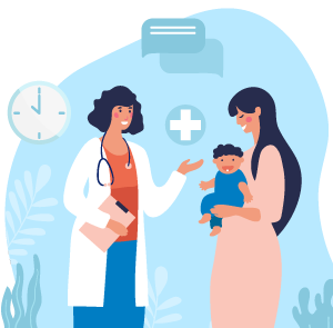 illustrated mother and young child with doctor