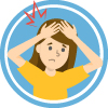 Illustration of woman with hands on head, red lines indicating headache